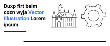 Gotik kale çizimi cesur metin bloklarının yanında bir vites simgesi ile eşleştirilmiş. Hikaye anlatma, miras, mühendislik, ortaçağ temaları, yenilik, teknoloji, basit iniş sayfası için ideal