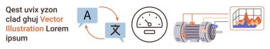 Dil çevirisi, mühendislik, analiz, performans, teknoloji, otomasyon. Çeviriyi gösteren döngü, hız göstergesi elektrikli motor veri grafiği. Çeviri ve teknoloji kavramı