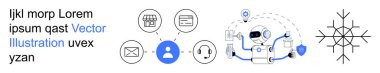 Yapay zeka, müşteri desteği, iletişim teknolojisi, fütürist teknoloji, dijital ağlar, otomasyon. Robot e-posta, kullanıcı ve kulaklık ikonları ile etkileşime giriyor. Müşteri.