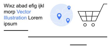 Çevrimiçi alışveriş, e-ticaret, teslimat hizmetleri, coğrafi konum, iş lojistiği, küresel ticaret. Konum iğneleri ve alışveriş arabası olan bir harita. E-ticaret ve dağıtım hizmetleri kavramı