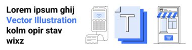 Dijital işlemler, e-ticaret, belge düzenleme, ödeme yöntemleri, finansal araçlar, çevrimiçi hizmetler. Ödeme terminali, belge ve mağaza önü simgeleri. Dijital işlemler ve e-ticaret
