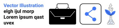İş stratejisi, profesyonel ağ oluşturma, sürdürülebilir kalkınma, büyüme fırsatları, kurumsal fikirler, yenilik. Simgeler bir evrak çantası, oklarla sembol ve bitki paylaşımı. İş dünyası