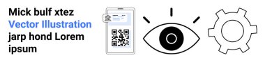 Akıllı telefon ekranında, göz simgesinde ve dişli sembolünde QR kodu gösteriliyor. Teknoloji, vizyon, otomasyon, yenilik, tarama ayarları ve güvenlik için ideal. Basit bir iniş sayfası için mükemmel
