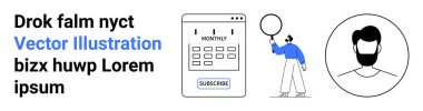 Abone düğmesi, balon tutan kişi ve profil simgesi ile takvim. Üyelik, zamanlama, planlama, kişisel yönetim, kullanıcı bağlantısı, arayüz tasarımı için ideal basit bir iniş sayfası