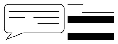 Metin satırlı sohbet balonu ve iletişim, diyalog, mesajlaşma ve etkileşimi gösteren paralel siyah çubuklar. Dijital iletişim, sosyal medya, takım çalışması, konuşmalar, ağ kurmak için ideal