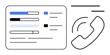 Müşteri desteği, iş akışı izleme, iletişim araçları, iş hizmetleri, çağrı yönetimi, telekomünikasyon sistemleri. İlerleme çubukları ve telefon simgesi olan gösterge paneli. Müşteri desteği