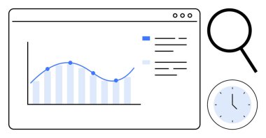 Ekrandaki çizgi grafiği eğilimleri ve analizleri temsil ediyor. Büyüteç ve saat hassasiyeti, zaman takibini gösterir. Veri, analitik, zaman yönetimi, araştırma, strateji, üretkenlik için ideal