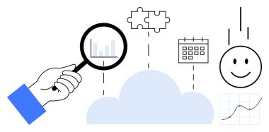 Bulut hesaplama. Büyüteç, grafik, bulmaca parçaları ve veri elementleriyle bulut hesaplama. Veri analizi, planlama, karar verme ve yenilik projeleri için bulut teknolojisi