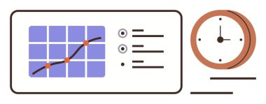 Veri noktaları olan çizgi grafiği, analiz listesi, zaman izleme gösteren saat. Üretkenlik, veri eğilimleri, performans ölçümleri, istatistikler, son teslim tarihleri verimlilik artışı için ideal. Basit düz
