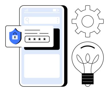 Siber güvenlik, kullanıcı denetimi, teknolojik yenilik, mobil koruma, veri gizliliği, güvenli giriş. Kalkan ikonlu akıllı telefon, parola alan ekipmanı ve ampul sembolü. Siber Güvenlik