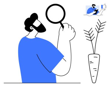 Gıda analizi, teftiş, bilimsel araştırma sürdürülebilirlik, organik tarım, merak. Havuç fabrikasının yanında büyüteç tutan adam. Gıda analizi ve teftiş kavramı