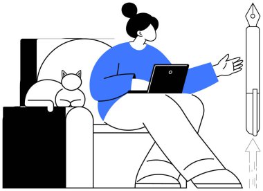 Uzaktan çalışma, yaratıcılık, dijital araçlar, evcil hayvan arkadaşlığı, verimlilik, içerik oluşturma. Dizüstü bilgisayarı olan bir kadın kedisiyle sandalyede otururken el kol hareketi yapıyor. Uzak çalışma ve yaratıcılık