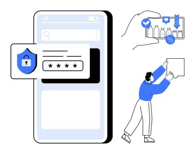Dijital güvenlik kavramı. Çevrimiçi güvenliği vurgulayan güvenli şifre sistemleri. Güvenli işlemler ve düzgün işlemler için e-ticaret entegrasyonu. Uygulamalar, fintech, pazarlama, siber güvenlik, perakende