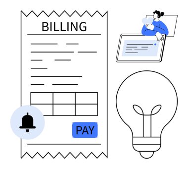 Faturalama işlemi. Dijital fatura, elektronik fatura ödeme hatırlatma zili ve bir ampulün icadı. Mali yönetim, teknoloji, çevrimiçi ödemeler, kamu hizmetleri ve tasarruflar için fatura