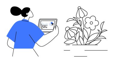 Veri analizi, sürdürülebilirlik, teknoloji, çevre bilinci, dijital araçlar, büyüme. Çiçeklerin yanında tabletleri olan bir kadın. Veri analizi ve sürdürülebilirlik kavramları