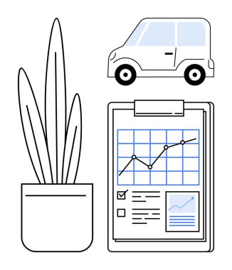İş planlaması, ofis dekorasyonu, ulaşım lojistiği, sürdürülebilir tasarım, ekonomik büyüme, üretkenlik kavramları. Büyüme grafiği, saksı bitkisi ve araba. İş planlaması ve sürdürülebilirlik