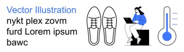 Yaşam tarzı, ofis işi, moda, sıcaklık, uzaktan çalışma, sağlık farkındalığı. Bir kadın dizüstü bilgisayarda çalışıyor, ayakkabıları temiz ve termometresi farklı seviyelerde. Yaşam tarzı ve ofis