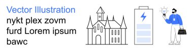 Yenilik, enerji, iş çözümleri, mimari, beyin fırtınası, yaratıcılık. Tarihi bir bina taslağı, batarya ikonu ve elinde ampul tutan bir iş adamı. Yenilik ve enerji kavramları