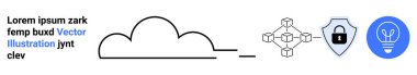 Bulut çözümleri, dijital güvenlik, engelleme zinciri, veri koruması, yenilik ve bağlantı. Minimalist bulut, kilit ucu ikonlu engelleme düğümleri kalkanı. Bulut çözümleri ve dijital