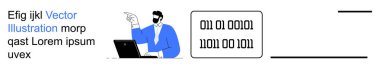 Teknoloji, kodlama, veri işleme, programlama, bilişim kavramları, dijital eğitim. İkili kodlu bir dizüstü bilgisayarın başında oturan bir adam. Teknoloji ve kodlama