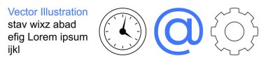 Üretkenlik, e-posta yazışmaları, zaman izleme, sistem entegrasyonu, iş akışı optimizasyonu, teknoloji. Saat, minimalist bir tasarımda sembol ve vites simgeleri. Verimlilik ve e-posta