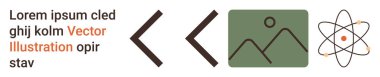 Eğitim, yaratıcılık, bilim, teknoloji, tasarım, iletişim. Metni, çift ok dağ simgesi ve atom grafiği olan bir düzen. Eğitim ve yaratıcılık kavramsal tasarım