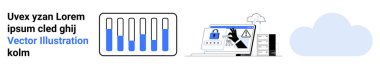 Veri çubuğu şeması, kilit sembollü bilgisayar, uyarı alarmı, sunucu yığını ve bulut. Siber güvenlik, veri yönetimi, bulut hesaplama, tehdit algılama internet gizlilik teknolojisi için ideal