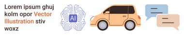 Yapay zeka, otonom araçlar, iletişim sistemleri, otomotiv teknolojisi, yenilik, ulaşım. Dijital yapay zeka görüntüsü, araba ve konuşma baloncukları. Al bütünleşmesi