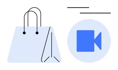 E-ticaret, online alışveriş, dijital pazarlama, medya içeriği, video üretimi, marka tanıtımı. Beyaz arka planda alışveriş çantası ve video kamera ikonu. E-ticaret ve dijital pazarlama teması