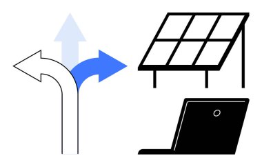 Sürdürülebilirlik, teknoloji, yenilenebilir enerji, çevre dostu yenilik, karar verme, ilerleme. Yön gösteren oklar, güneş paneli bilgisayarı. Sürdürülebilirlik ve odak teknolojisi
