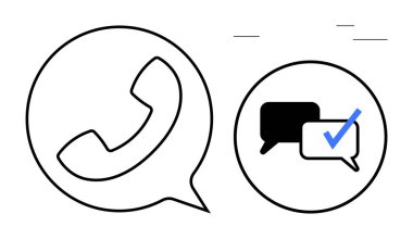 Konuşma baloncuğu içindeki telefon alıcısı ve kontrol işaretli sohbet baloncukları arama ve mesaj değişimine işaret ediyor. İletişim, ağ, müşteri hizmetleri, mesajlaşma, destek, geri bildirim için ideal