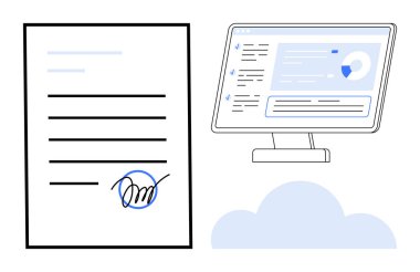 Dijital sözleşmeler, bulut depolama, e-imzalar, çevrimiçi güvenlik, belge yönetimi, uzaktan çalışma. Üzerinde imza ve bilgisayar ekranı olan elektronik bir belge. E-imzalar ve bulut depolama