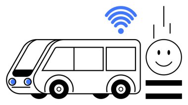 Kablosuz sinyalli elektrikli otobüs ve gülümseyen yüz simgesi akıllı toplu taşımayı, sürdürülebilir hareketliliği ve verimli ulaşımı temsil ediyor. Kentsel ulaşım, teknoloji ve sürdürülebilirlik için ideal