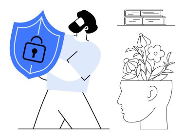 Güvenli kalkanı tutan adam, güvenliği çiçeklerle temsil eder. Yaratıcılık ve büyüme kitapları da bilgiyi simgeler. Siber güvenlik, yenilik, eğitim, akıl sağlığı, güvenlik için ideal