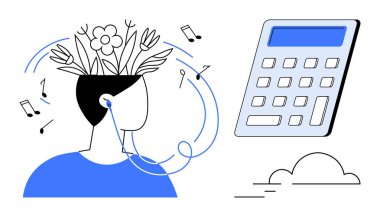 Yaratıcılık, eğitim, problem çözme, farkındalık, kişisel gelişim, büyüme. Kulaklık ve çiçeklerle büyüyen bir insan, hesap makinesiyle. Yaratıcılık ve eğitim kavramları