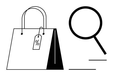 Yüzdelik etiketli bir alışveriş çantası ve bir büyüteç indirimleri, satışları ve alışverişleri temsil ediyor. Alışveriş, e-ticaret, pazarlama, fiyat karşılaştırması, araştırma ve perakende için ideal