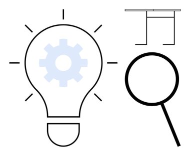 Yenilik, iş stratejisi, araştırma, çözümler, teknoloji, yaratıcılık. Minimalist tasarım. Vitesli, büyüteçli ve masa hatlı bir ampul. Yenilik ve araştırma konsepti