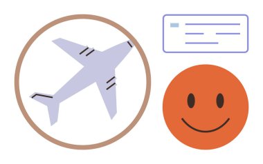 Gri uçağın etrafı sarıldı, bilet hatları çizildi, turuncu gülen yüz seyahat, rezervasyon ve tatile vurgu yapıyor. Turizm, ulaşım, olumlu müşteri hizmetleri mutluluk havacılığı için idealdir. Basit düz