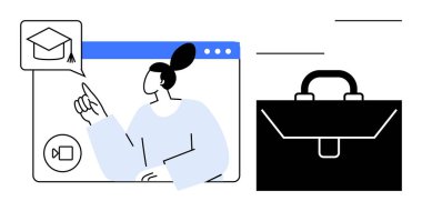 Eğitim, e-öğrenme, kariyer geliştirme, profesyonel eğitim, uzaktan öğrenme, iş güçlendirme. Kadın ekrandaki evrak çantası grafikli mezuniyet şapkası ikonunu işaret ediyor. Eğitim