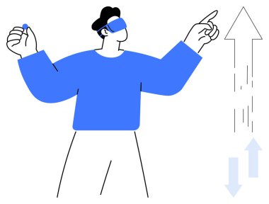 Sanal gerçeklik, yenilik, teknoloji trendleri, gelecekteki büyüme, kullanıcı etkileşimi, dijital dönüşüm. VR kulaklık takan ve etkileşimde olan biri. Sanal gerçeklik ve yenilik