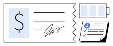 Dolar sembollü imzalı çek, tamamlanmış görevleri olan kullanıcı profili ve ilerleme göstergesi. Finans, bankacılık, maaş bordrosu, kimlik doğrulama, işlemler, belgeler için ideal