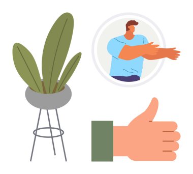 Baş parmak hareketi, mavili bir kişinin çerçeveli portresi ve çağdaş bir duruşta yeşil bir bitki. Olumluluk, iletişim, onay, takım çalışması, teşvik, büyüme modern tasarım için ideal