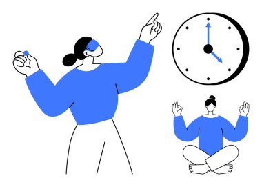 Zaman yönetimi, farkındalık, iş hayatı dengesi, verimlilik, odaklanma, rahatlama. Yoga yapan kadın dijital saatle meditasyon yapıyor. Zaman yönetimi ve farkındalık gösterildi