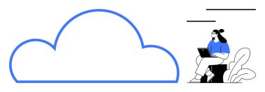 Bulut hesaplama konsepti. Dizüstü bilgisayarda çalışan bir kadınla bulut çizgisi çizimi. Bulut hesaplama, uzak çalışma, veri depolama ve teknolojiyi ön plana çıkarıyor. Dijital, iş ve takım çalışması için ideal