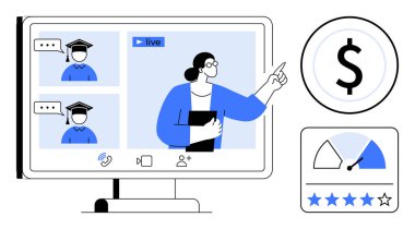 Online eğitim. Uzaktan kumandalı öğrencilerin ve mezuniyet şapkalarının olduğu sanal eğitim seansları. Çevrimiçi eğitim, iletişim araçlarıyla öğrenme erişilebilirliğini geliştiriyor. E-öğrenim için eğitim platformları