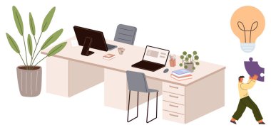 Bilgisayarlı, sandalyeli ve saksılı bir ofis masası. Bulmaca parçaları ve ampul taşıyan işçiler fikirleri ve takım çalışmasını sembolize eder. Üretkenlik, yaratıcılık, problem çözme, işbirliği için ideal