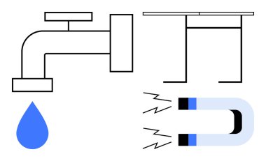 BTMM eğitimi, fizik kavramları, bilim illüstrasyonu, su koruma, mühendislik araçları ve elektromanyetizma. Su musluğu, masa ve mıknatıs. STEM eğitim ve fizik kavramları