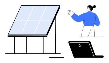 Yenilenebilir enerji, sürdürülebilirlik, teknoloji hizmetleri, ekolojik iş çözümleri, işbirliği, uzak çalışma. Büyük bir güneş paneli, beyaz arka planda profesyonel bir dizüstü bilgisayar. Yenilenebilir enerji