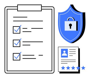 Kilitli ve yıldızlı kullanıcı profili olan bir kalkanın yanında kontrol işaretleri olan kontrol listesi. Veri güvenliği, bilgi koruması, siber güvenlik, kimlik doğrulama, gizlilik tedbirleri için ideal