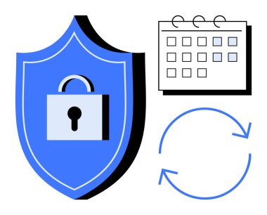 Kilitli kalkanlar güvenliği simgeler, planlama takvimi, süreklilik için dairesel oklar. Siber güvenlik, veri koruması, organizasyon, zamanlama, verimlilik, güvenilirlik için ideal